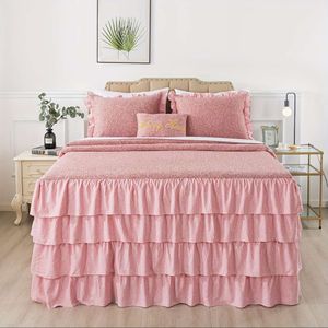 Elegante set copriletto con gonna a volant in 4 pezzi - Maglia morbida, comfort traspirante, lavabile in lavatrice, arredamento per camera da letto e dormitorio