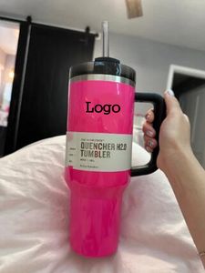 Bicchieri elettronici rosa neon con logo Quencher H2 0 40oz Bicchieri con manico in silicone Tazze per auto isolate con coperchi smerigliati Acciaio inossidabile 1027i