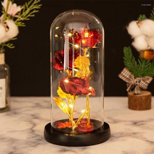 Dekorativa blommor LED Night Light Artificial Rose Glass Cover Dome Romantic Eternal Foil Flower Figurin Birthday Party Black/Gold