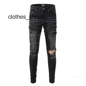 Denim Amiirs Jeans Designer Pants Man Fall 2024 New Mens Black Broken Embroidery Patch Elastic Slim Fit Leggings 2EUR
