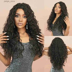 Syntetiska peruker Namm Long Curly Dark Brown Spets Front Wig For Women Daily Party Natural Looking Lace Dark Brown Side Part Wig Syntetisk peruk Y240401