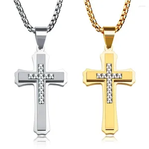 Anhänger Halsketten Hip Hop Rock Gepflasterte CZ Stein Kristall Edelstahl Kreuz Halskette Für Männer Christian Jewerly Gold Silber Farbe