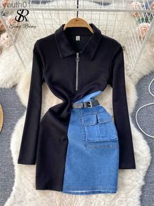 Grundläggande casual klänningar Singreiny 2024 Ny patchwork kvinnor klär koreansk stil Polo Collar Zipper denim Bälte design mode streetwear bodycon midi yq240402