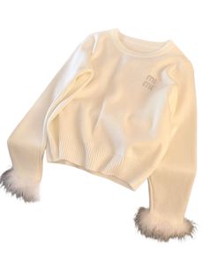 Nowy projekt damski o długim rękawie futro mankiet biały kolor litera rhinestone wzór dzianin sweter skoczki smlxl