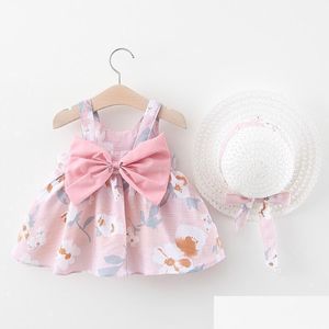 Flickor klänningar sommar ny baby klänning lägg till hatt flicka kläder kläder prinsessa födelsedagsfest bågtryck spädbarn småbarn nyfödda1 droppe läcker dhtvo