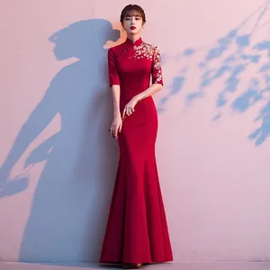 Roupas étnicas Tradicional Chinês Cheongsam Melhoria da Moda Fishtail Qipao Brinde Nupcial Vestido Vermelho Longo Vintage Vestidos de Festa de Noite