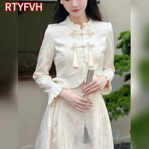 Etniska kläder 2024 Spring Summer Chinese Style Women Improved Hanfu Lady Elegant Long Sleeved Button Top High midjed kjol Cheongsam Set