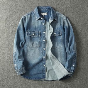 Höst japansk retro tungvikt denim last skjorta herr mode 100 bomull tvättad gammal tjock dubbelficka casual jacka 240326