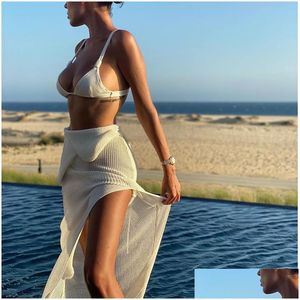 Womens Swimwear Praia Rede de Pesca Transparente Vestido Sólido Sarong Envoltório Y Bikini Er-Ups Longo Túnica Casual Elegante Mulheres Desgaste Terno de Natação E Dhjw4