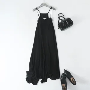 Casual Dresses Black Dress Women Silk Simple Design Adjustable Spaghetti Strap Sleeveless Long Elegant Style Fashion 2024