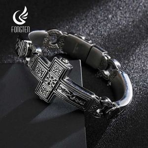 Chain Fongten Cross Charms Bracelet Mens Stainless Steel Heavy Duty Mens Bracelet Mens Retro Rune Silver Jewelry Bracelet Q240401