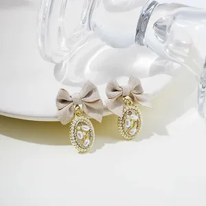 Dangle Earrings VSnow Hyperbole Beige Fabric Bowknot Drop Earring For Women Trendy Oval Geometric Rhinestones Simulationetal Jewelry