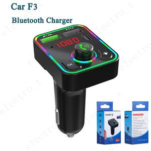 Carregador de carro F3 Dual USB Carregamento rápido PD Type C Portas Transmissor FM Receptor de áudio viva-voz Colorful Luzes atmosféricas Auto MP3 Player com caixa de varejo