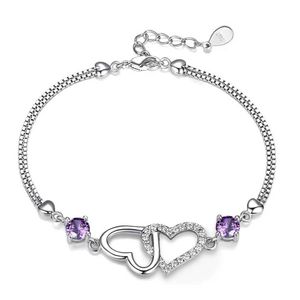 Kedja S925 Sterling Silver Armband Set With Natural Amethyst Zirconia Heart Shaped Womens Armband Charmiga smycken Present Bröllop Jycken Q240401