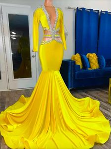 흑인 여자를위한 노란색 긴 소매 비즈 비즈 인어 무도회 드레스 2024 파티 저녁 특별 행사 가운 여성 유명 인사 드레스