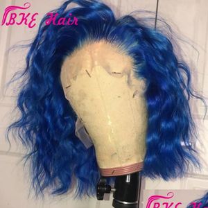 Synthetische Perücken Dunkelblau Natürliche Welle Kurzer Bob Handgebundene Lace Front Perücke Glueless Hitzebeständiges Faserhaar für Frauen Drop Lieferung P DHCLY