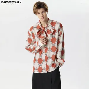 Camisas casuais masculinas estilo elegante tops incerun mens gravata colar retro impressão streetwear vendendo manga comprida lapela blusa S-3XL 2024