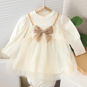 Abito elegante da ragazza Abito da principessa con fiocco a maniche lunghe in maglia Abito da ballo in rete Carino Moda infantile Abiti per bambini Vestiti per ragazza Bambino A1165 240402