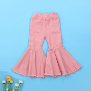 Calças da criança crianças menina queimado jeans azul sino-bottom cintura alta casual calças jeans básicas primavera outono para 2-7 anos de idade