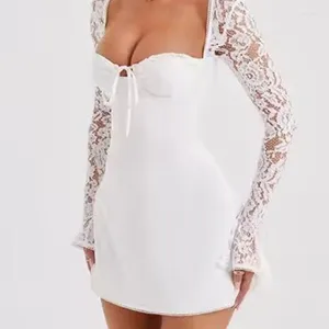Casual Dresses Sexy Women Lace Long Sleeve Patchwork White Mini Dress Chic Backless Robe