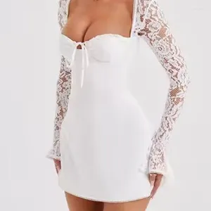 Vestidos casuais sexy mulheres rendas manga longa retalhos branco mini vestido chique sem costas robe