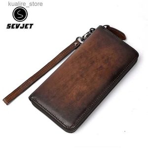 Money Clips Cowhide Leather Mens Long Plånbok Dragdoverad plånbok Vintage Coin Mens Card Holder Business Telefon Koppling Cash Bag JYB525 L240402