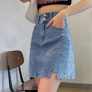 Anti denim kort kjol mångsidig för kvinnor i sommaren hög midja aline inslagna höftstudent koreansk version 240323