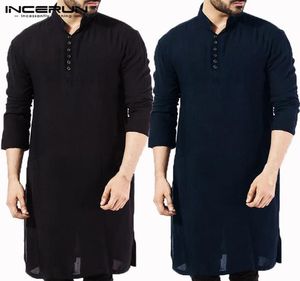 INCERUN Lässiges Herrenhemd Baumwolle Langarm Stehkragen Vintage solide genähte lange Tops Indischer Kurta-Anzug Pakistanisches Hemd 5XL7664419