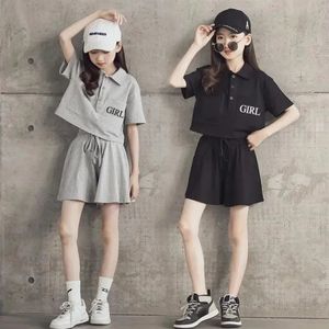 夏の女の子のレジャースポーツ子供の女の子416歳キッズ服ティーンエイジトラックスーツトワイスポロシャツショーツスーツ240328