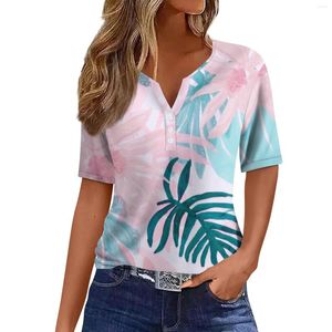 Kadın Tişörtleri Sıradan Çiçek Yaprak Baskı V Yaka Kısa Kollu Dekoratif Düğme T-Shirt Üstü Kadın Moda Bluz 2024 Gömlek
