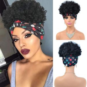 Peruker kort afro kinky lockigt pannband peruk 2 i 1 turban peruker för svarta kvinnor syntetiska wrap peruk mjuk fluffig värmebeständig fiberhår