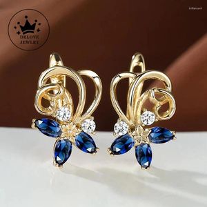 Kolczyki obręcze Drlove Noble Flower z niebieskimi sześciennymi cyrkonami kobiety zaprojektowane na przyjęcie weselne wykwintna biżuteria do uszu