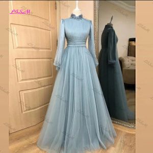 Muslime Tulle Abendkleider hoher Nacken applizierter Puff Langarm bescheidene formelle Frauen -Promkleider Hochzeitsgastoutfits