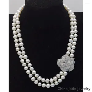 Ожерелья с подвесками, 2 ряда, пресноводный жемчуг, белый круглый круглый размер 8-9 мм, 18-19 дюймов, оптовая продажа, циркониевый цветок