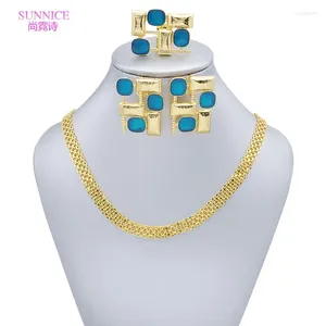 Set di orecchini per collana di colore blu, gioielli da sposa per donna, set di orecchini ad anello aperto in oro Dubai per gioielli dorati per la festa di nozze