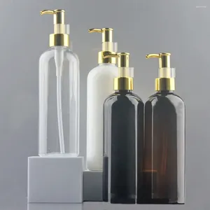 Storage Bottles 300ml 4-Color Available Round Shape Refillable Squeeze PET Portable Plastic Lotion Bottle With Alumite Gold Color Pump