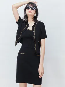 Work Dresses High Quality Knit Three Piece Set For Women Summer Gold-plated Chain Short Sleeve Cardigan Vest Mini Skirt Sets Outfit