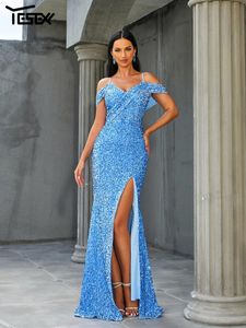 Casual Dresses Yesexy Spaghetti V Neck Sequin Blue Split Evening Formell tillfälle Chic Elegant Woman Dress