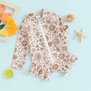 Set di abbigliamento Costume da bagno per bambina Rash Guard Pagliaccetti Manica lunga Stampa floreale Volant Cerniera Costume da bagno per bambino Costumi da bagno