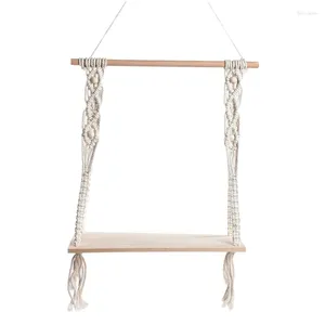 Tapestries Hand-Woven Macrame Tapestry Rack Shelf Rustic Wooden Farmhouse Wall Hanging Decorative Shelves Knotted Rope Home For