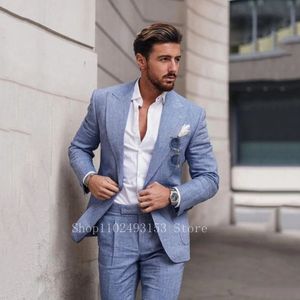 2023 Modne lniane garnitury męskie Slim Fit Casual Lapel 2 sztuki Mężczyzn Groom Wedding Party Costume Homme Mariage 240326