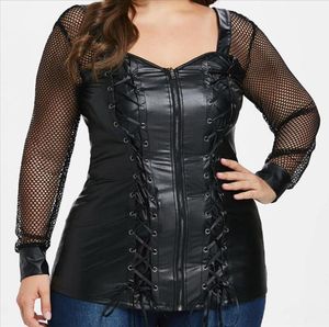 Plus Size Faux Leather Blus 4XL 5XL SEXY HOLLOW OUT Långärmad Steampunk Lace Up Corset Tops Women Black Pu Leather Shirt7940434