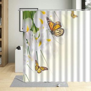 Shower Curtains Spring Flowers Butterfly Curtain Daisy Rose Orchid Floral Plant Home Decor Screens Waterproof Bathroom With Hook