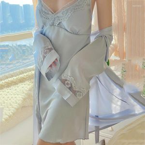 Casa roupas primavera verão cetim feminino sleepwear sexy noiva casamento robe camisola conjunto roupão de banho solto vestir lounge wear