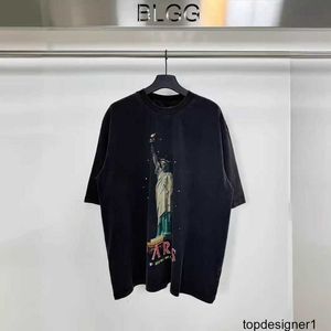 Designer alta versão Paris B casa 24ss estátua de deusa lavada impressão de tinta branca manga curta elegante e versátil estilo casal manga curta 3TEZ