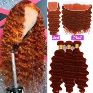Closure 28" 30" 32" Ginger Colored Loose Deep Wave Bundles With Closure and Frontal Cheap100% Remy Human Hair 3/4 Bundles With Closure