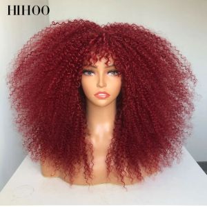 Peruker afro lockiga peruker med lugg för svarta kvinnor vinråke peruk syntetiskt vin rött hår glueless ombre brun blond cosplay peruk