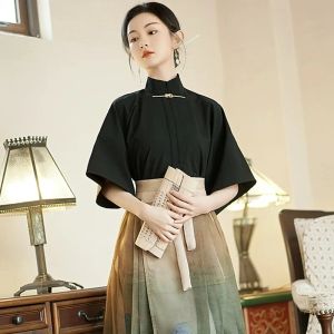 Eastern Traditional Clothing Hanfu Classic Elegant Print Horse-Face kjol Black Topps Chinese Style Cosplay Costume Set Pleated