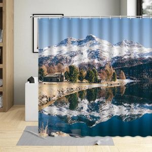 Shower Curtains Winter Curtain Set Snow Mountain Wooden House Tree Lake Natural Landscape Wall Decor Bathroom Hanging Polyester