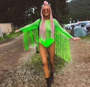 Neon Yeşil Fishnet Izgara Püskül Bodysuits Kadınlar Uzun Kollu Tulum Partisi Küpe Küpe Çabuk Festivali Giyim MX28326343